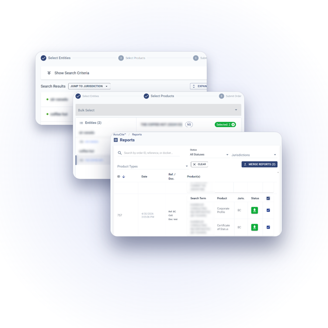 AccuCite — multi-entity search, product selection and reports